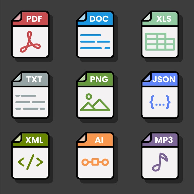 Vector document file format folder pdf doc xls jpg zip txt png json ppt csv xml ai mp3 mp4 html psd css js