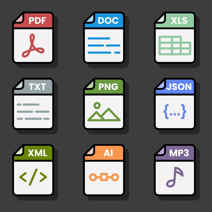 Vector 문서 파일 형식 폴더 pdf doc xls jpg zip txt png json ppt csv xml ai mp3 mp4 html psd css js
