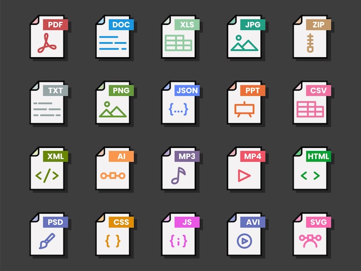 Vector 문서 파일 형식 폴더 pdf doc xls jpg zip txt png json ppt csv xml ai mp3 mp4 html psd css js