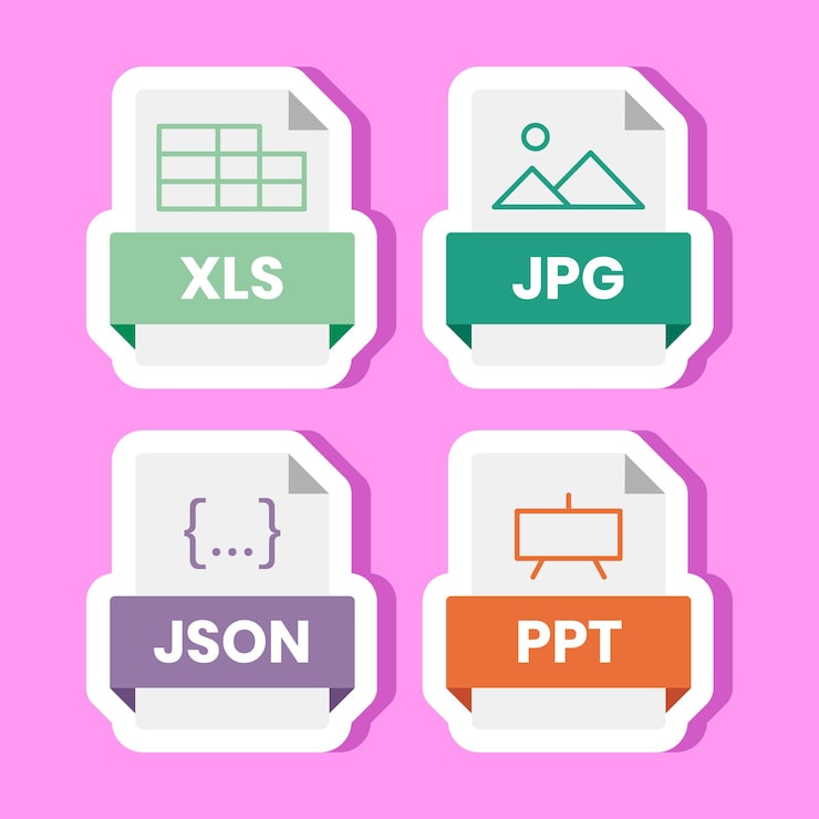 Vector document file format folder pdf doc xls jpg zip txt png json ppt csv xml ai mp3 mp4 html psd css js