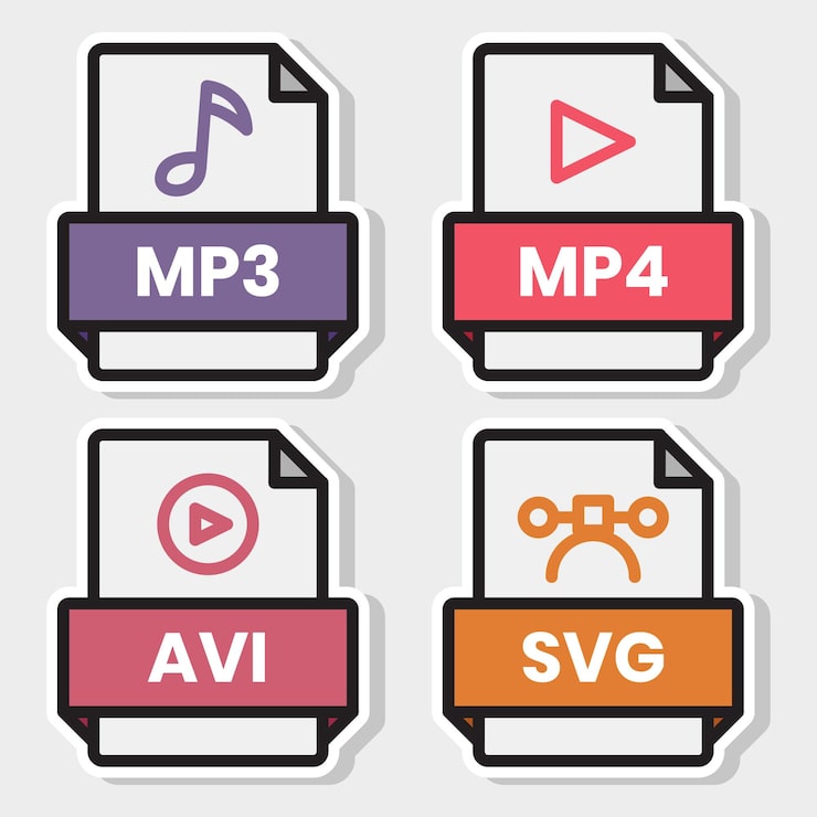 Vector document file format folder pdf doc xls jpg zip txt png json ppt csv xml ai mp3 mp4 html psd css js