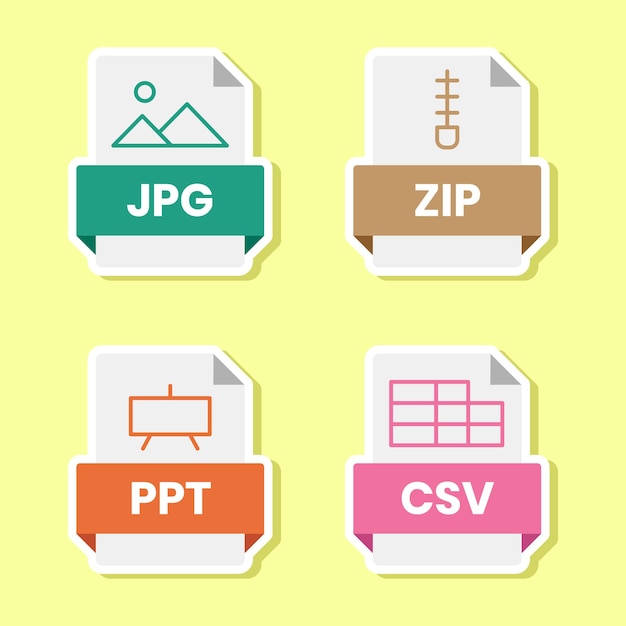 Document file format folder pdf doc xls jpg zip txt png json ppt csv xml ai mp3 mp4 html psd css js