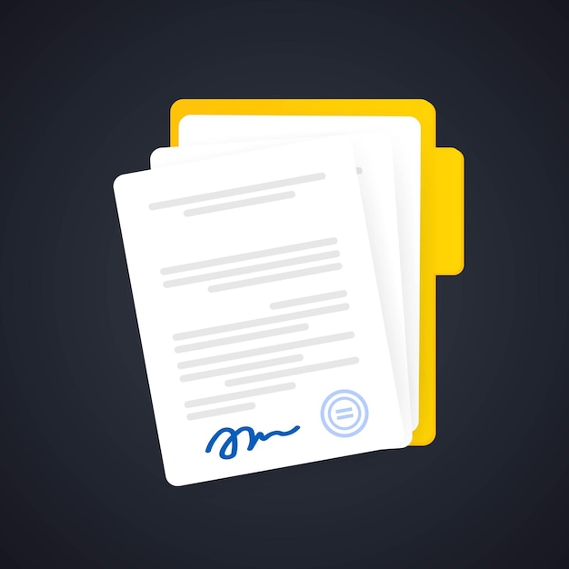 Document icon or paper documents in folder with signature and text