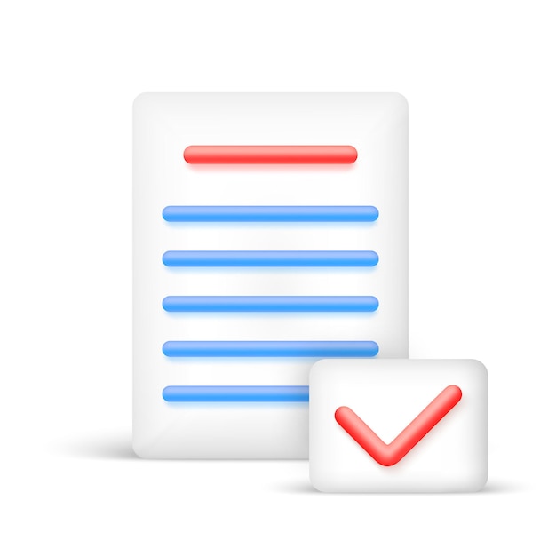 Document icon with check mark in 3d cartoon style White paper sheet Vector illustration