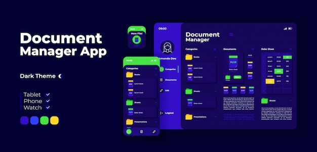 Document manager app screen adaptive design template. Online file directory application night mode interface with flat characters. Smartphone, tablet, smart watch cartoon UI
