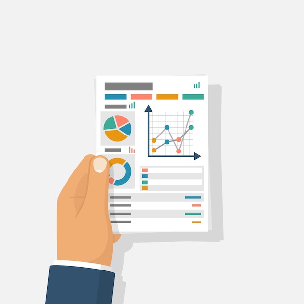 Document met grafieken en diagrammen bedrijfsrapporten in de hand houden zakenman Vector illustratie plat ontwerp geïsoleerd op achtergrond Papierwerk concept Gegevensanalyse projectbeheer Analyseer grafiek