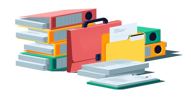 Vector document pile stacked paper sheets messy office stationary with paper folder chaotic paperwork