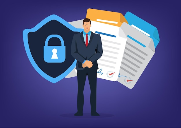 Document protection and data protection with a security system like having a protector and a shield a padlock an antivirus program security program flat style cartoon illustration vector