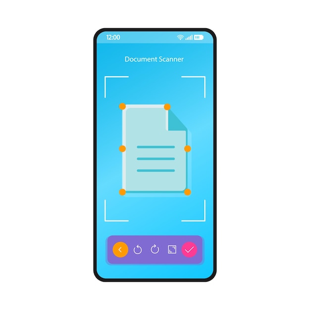 Document scanner smartphone interface vector sjabloon. mobiele app pagina blauwe ontwerplay-out. tekst scannen, herkenningsscherm. platte gebruikersinterface voor toepassing. bestandsconversie, opmaak, afdrukken. telefoonweergave