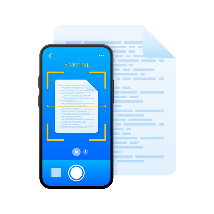 Vector document scanner in smartphone phone interface template digital scanner scanning text mobile app