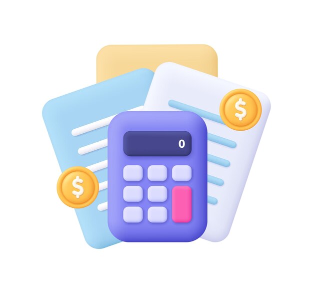 Document sheets with calculator and coins Financial report accounting income and tax 3d vector icon