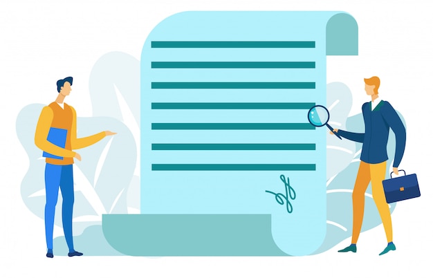 Vector document signing concept, man with magnifier.