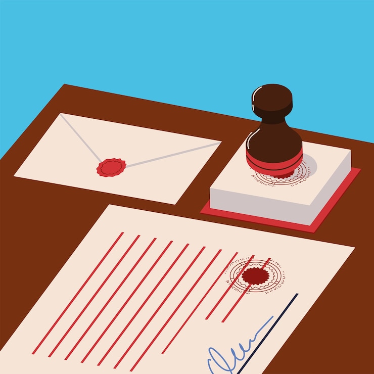Vector document stamp and envelope of notary
