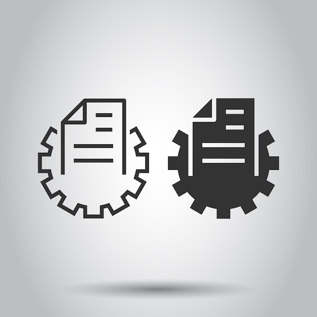 Document with gear icon in flat style Big data processing vector illustration on white isolated background Paper sheet software solution business concept