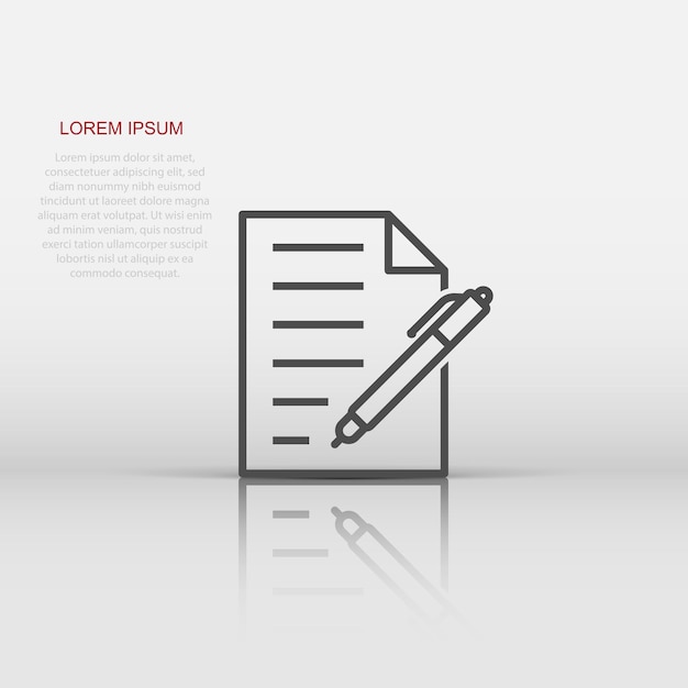 Документ с иконой ручки в плоском стиле Векторная иллюстрация блокнота на белом изолированном фоне Бизнес-концепция канцелярских принадлежностей