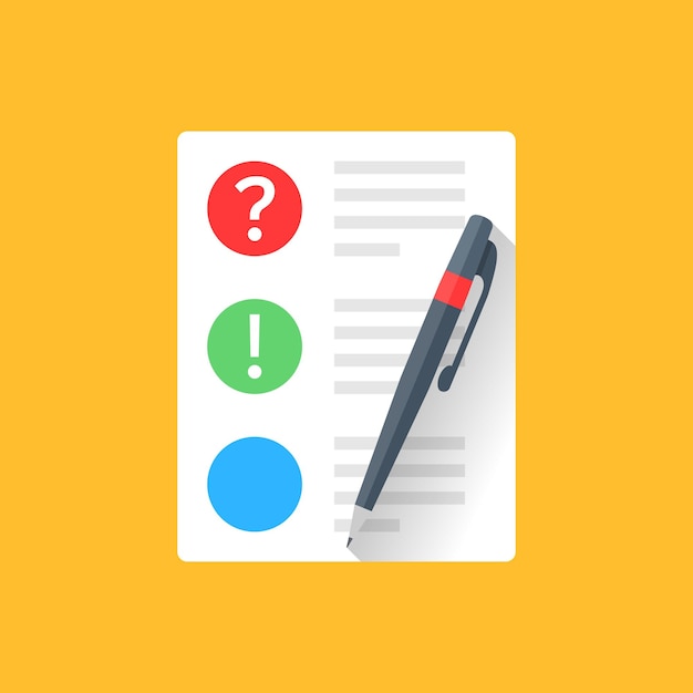 Document with question mark and pen icon in flat style quiz survey vector illustration on isolated background checklist sign business concept