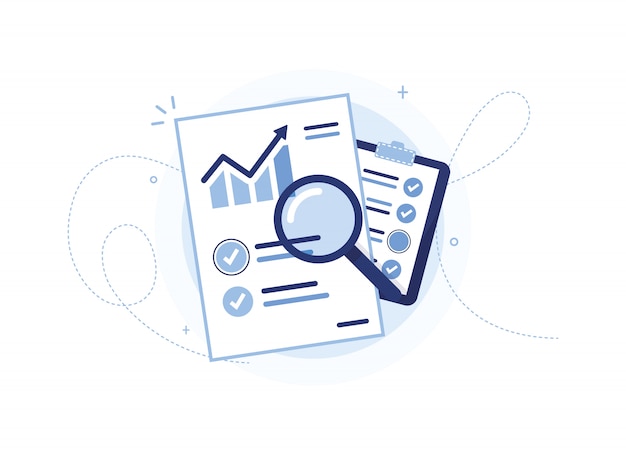 Documento con un programma di vendita. statistiche, aumento. foglio di rapporto. appunti con il lavoro svolto. pagina, per fare la lista. analisi del profitto. lente di ingrandimento. segno di spunta. blu