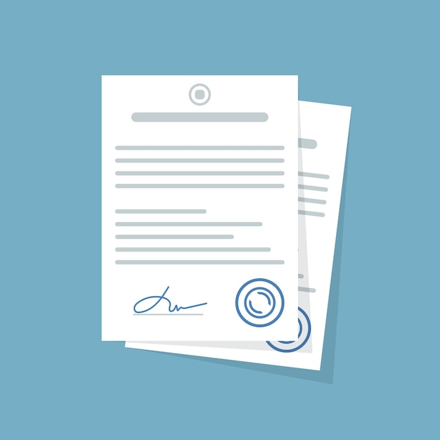 document with stamp and text icon in flat style white papers vector illustration on isolated background confirmed or approved document sign business concept