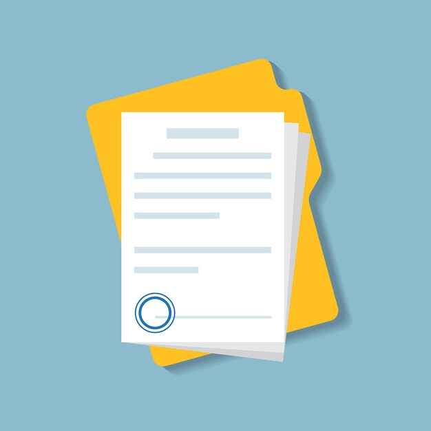 Documentmap met stempel en tekstpictogram in platte stijl Witte papieren vectorillustratie op geïsoleerde achtergrond Bevestigd of goedgekeurd document teken bedrijfsconcept