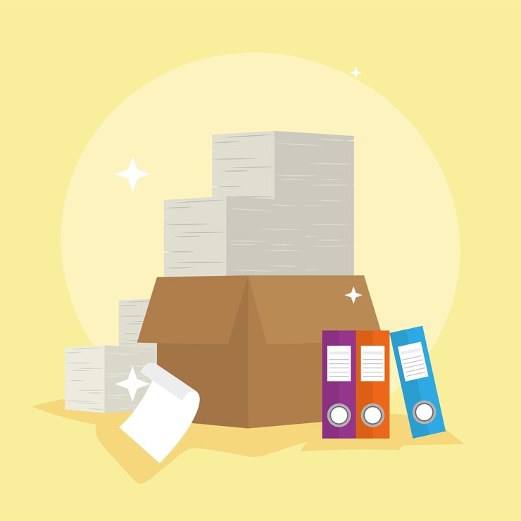 Vector documents in box and books paperwork