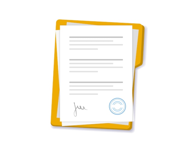 Documents and folder with stamp and text contract with approval and stamp