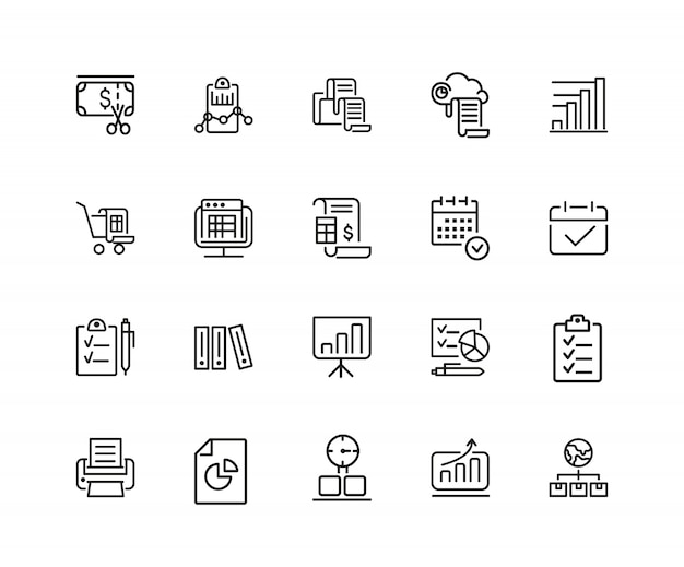 ベクトル ドキュメントアイコン。 20行のアイコンのセット。請求書、図、報告書。