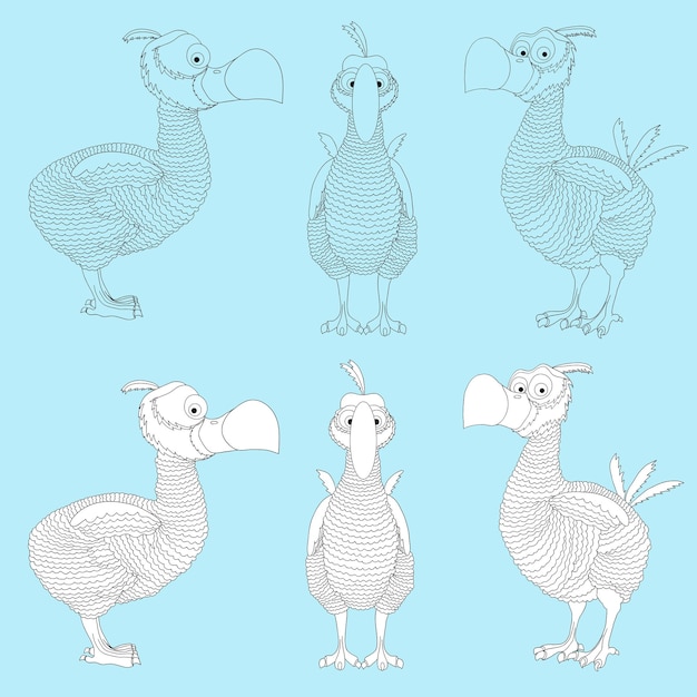 Dodo bird Cartoon extinct species Dodo painted in three sides for games and coloring book