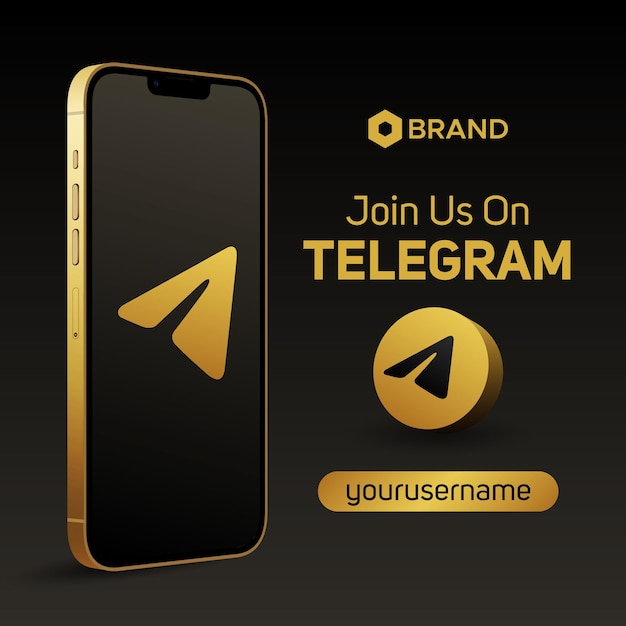 Doe met ons mee op Telegram logo gouden 3d smartphone mockup banner social media post