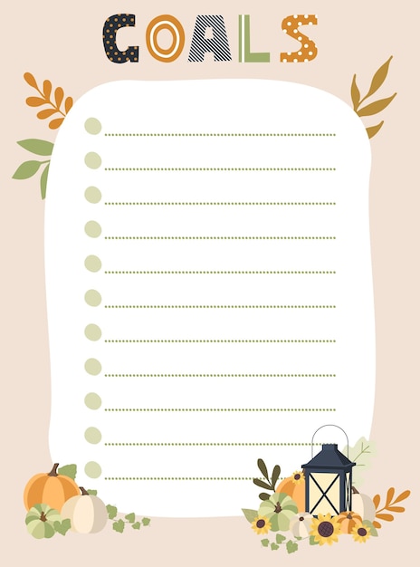 Doelen checklist vectorillustratie met herfst elementen voor planner leuk en trendy