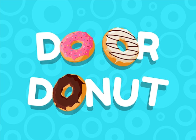 Doen of donut cartoon kleurrijke smakelijke donut en inscriptie horizontale blauwe poster. geglazuurde bak bovenaanzicht met chocolade en hagelslag voor cake café decoratie of menu-ontwerp. vector platte eps banner