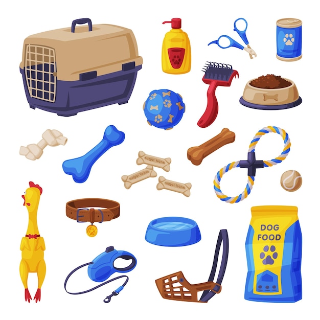 dog accessories set pet shop products food scratching post pet cage comb toys treats cartoon style vector illustration