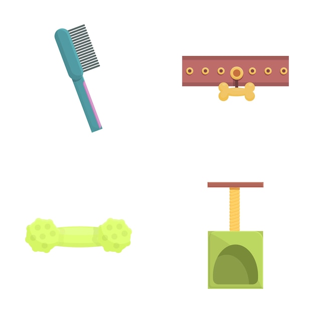Dog accessory icons set cartoon vector Domestic animal care equipment