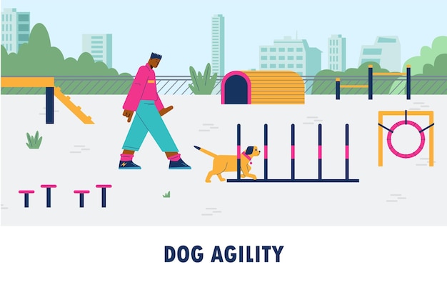 dog agility training course for puppies and show preparation flat vector
