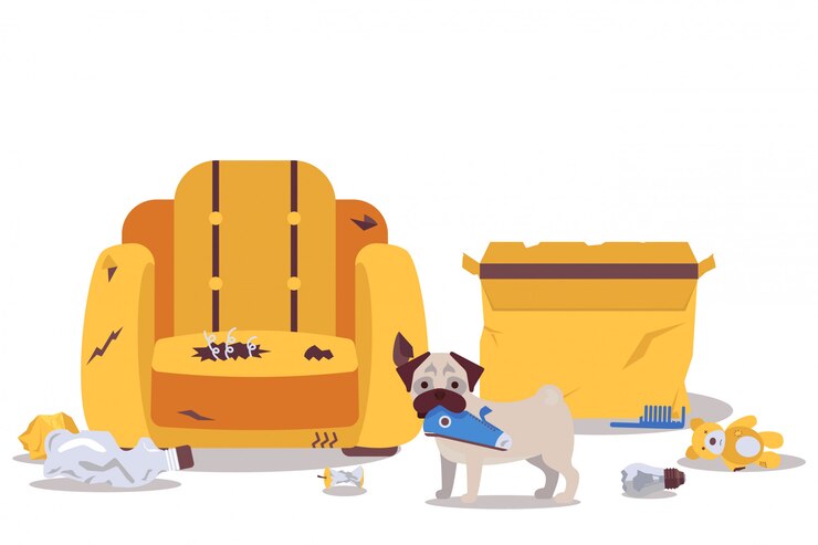 Vector dog alone at home destroys room furniture   illustration