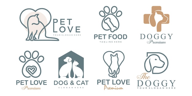Набор иконок для ухода за собаками и кошками дизайн логотипа векторная иллюстрация