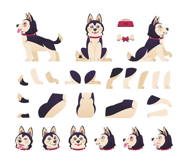 Vector dog animation. cute cartoon pet motion set with moving body parts, happy puppy different postures. vector collection of animal emotions, flat design