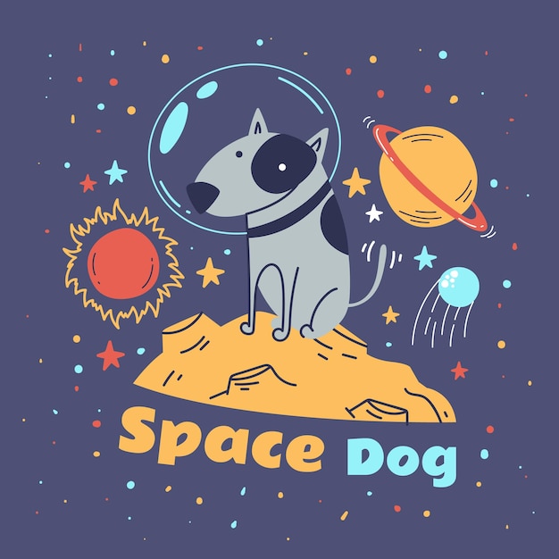 Cane astronauta spazio personaggio simpatico animale stampa cartone animato concetto di stile doodle