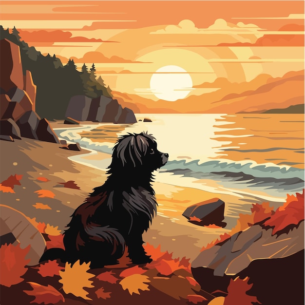 Vector dog on the beach during autumn