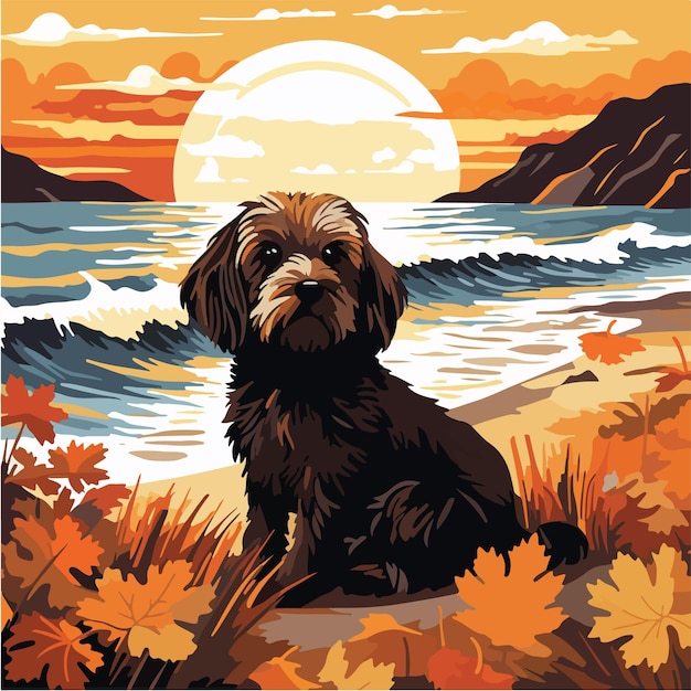 Vector dog on the beach during autumn