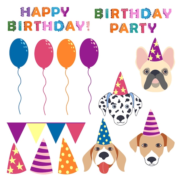 Vector dog birthday party cute cartoon dog in flat style