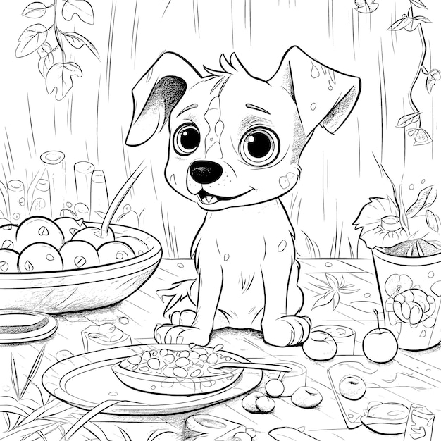 犬子供のための黒と白のぬりえページシンプルなライン漫画スタイルの幸せなかわいい面白い動物世界で