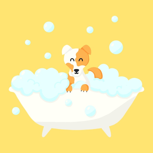 Dog in a bubble bath Pet care Bathing the dog in the bathroom Vector illustration in cartoon style