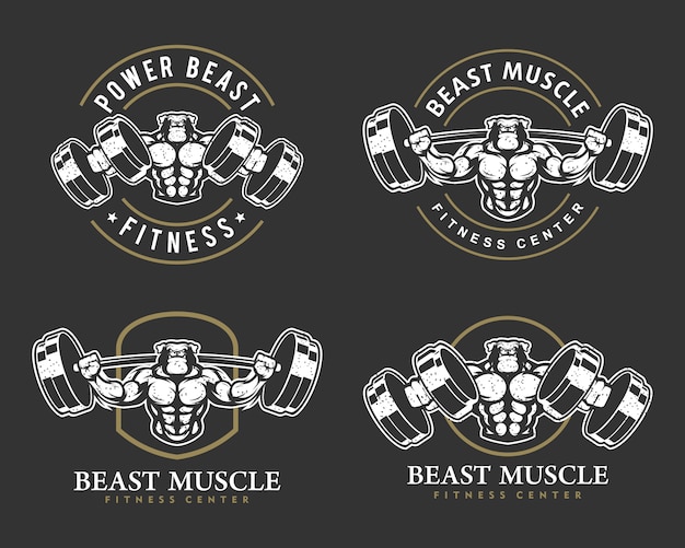 Vector dog bulldog k9 with strong body, fitness club or gym logo set..