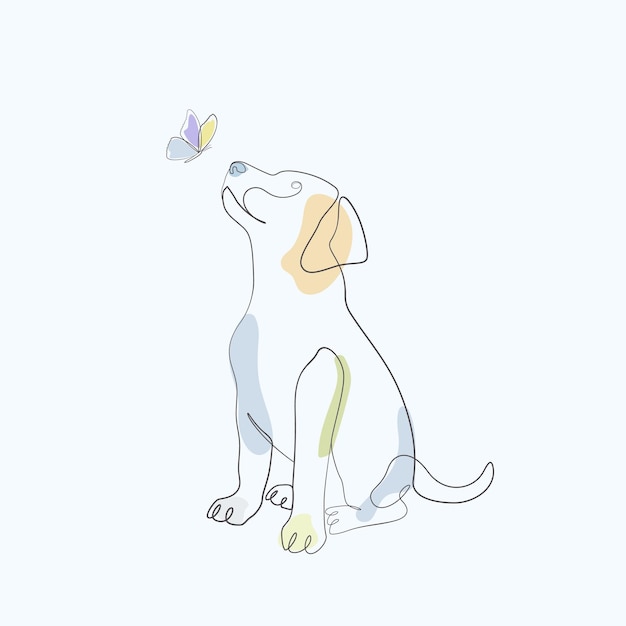 Vector dog and butterfly oneline art drawing color art vector