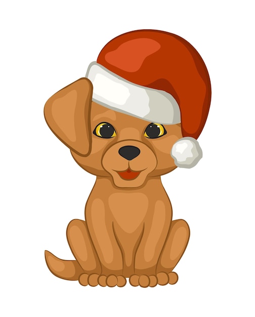 Vector dog in a cap of santa claus. cute puppy on white background.