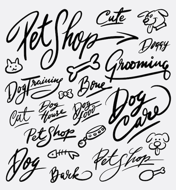 Vector dog care and grooming pet shop handwriting calligraphy
