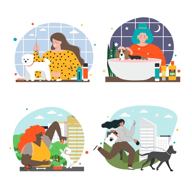 Dog care scene vector set flat illustration