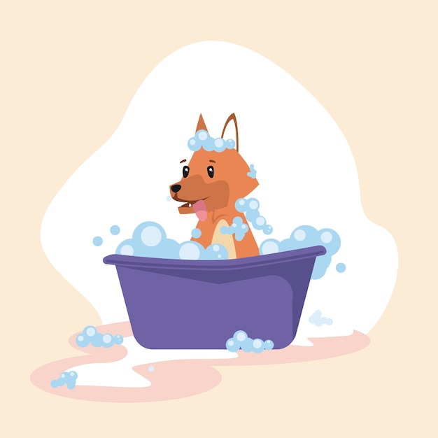 Dog cartoon in purple bath