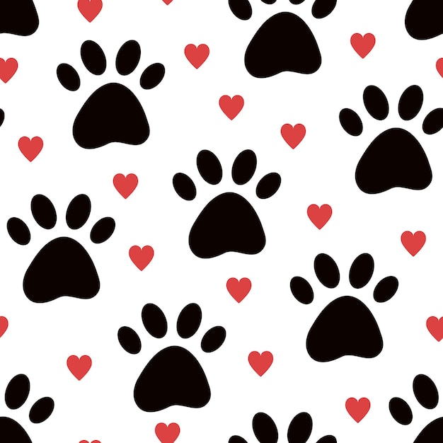 Dog or cat animal paw seamless pattern background with hearts cute texture