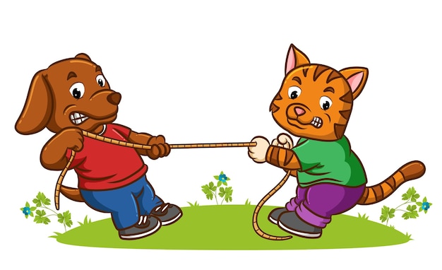 The dog and the cat are playing the tug of war in the park of illustration